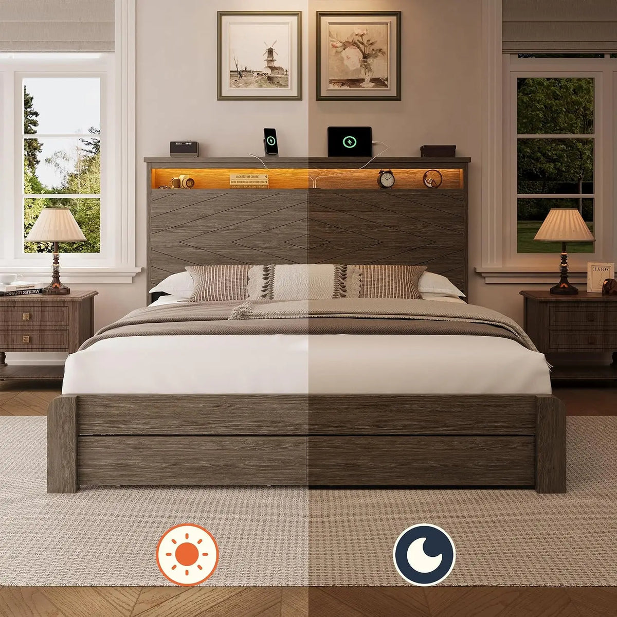 Queen Wooden Platform Bed with Headboard, 2 Drawers, LED Light, USB Charging, Easy Assembly, No Box Spring, Customized
