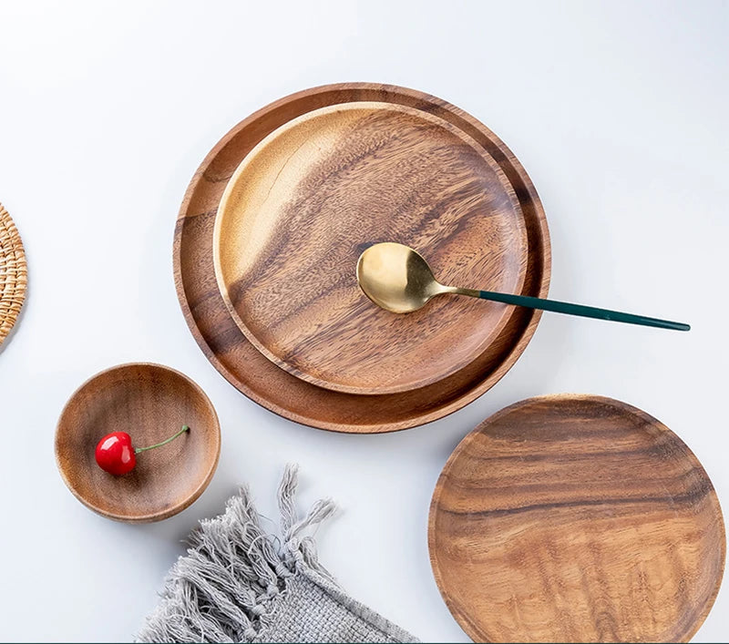 Wooden Dinner Plates Household Round Coffee Tray solid wood Tea saucer ins Japanese style dim sum For Food Snack Dishs