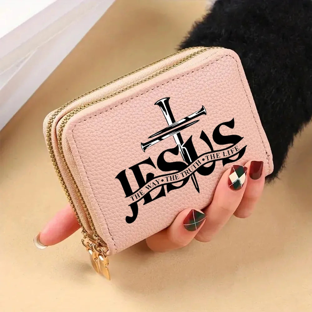 Women's PU Leather Wallet Short Coin Card Holder Jesus Pattern Small Hard Wallet Fashionable Money Bag