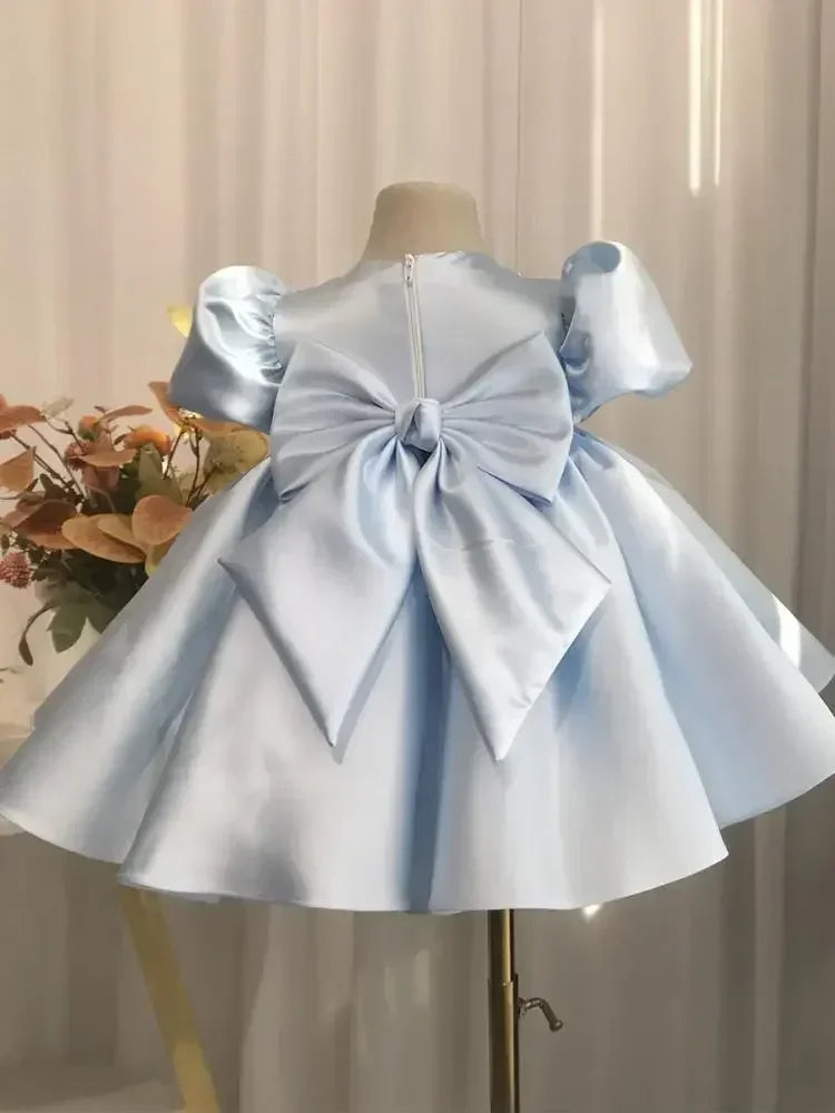 2026 Baby Girls Party Dress Blue Children Clothes Elegant Baptism Sleeves Plain Ball First Birthday Beading Puff Gowns