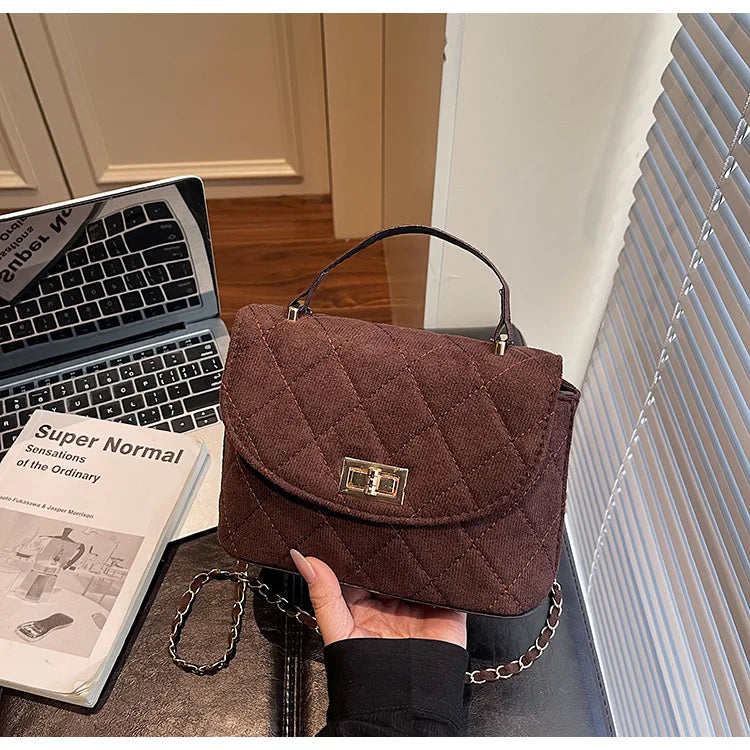 Diamond Grid Chain Crossbody Bag One Shoulder Purse Trendy Flip Top Clutch Women's Fashion Suede Leather Casual Shoulder Bag