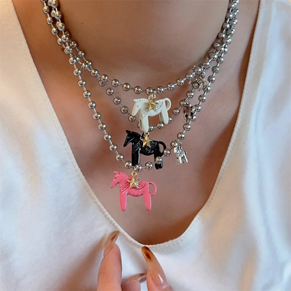 Lats White Black Green Blue Pink Color Enamel Colt Horse Pendant Necklaces For Women'S Silver Plated Alloy Beads Chain Chokers