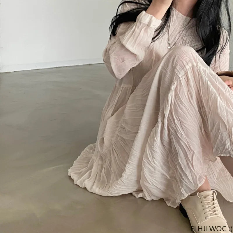 Autumn Spring Wrinkle Loose Dresses New Hot Women Cute Japan Style Retro Vintage Girls Holiday Casual Solid Apricot White Dress
