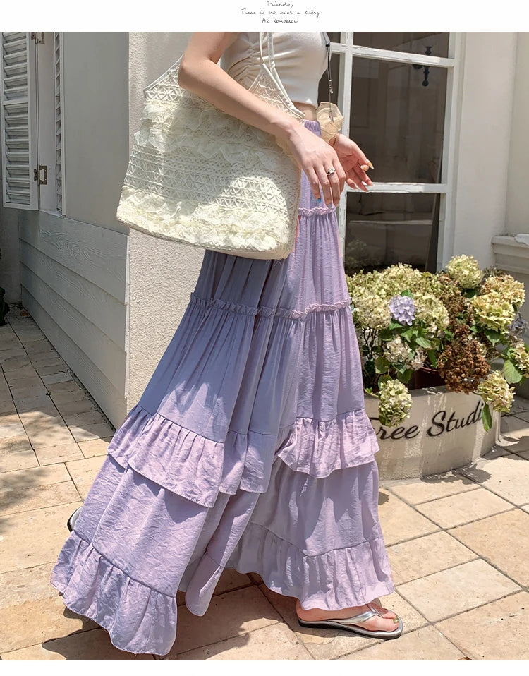 White Tiered Ruffle Hem Skirt 2025 - High Waist Flowy A-Line Maxi Skirt, Summer Chiffon Layered Skirt with Pleats