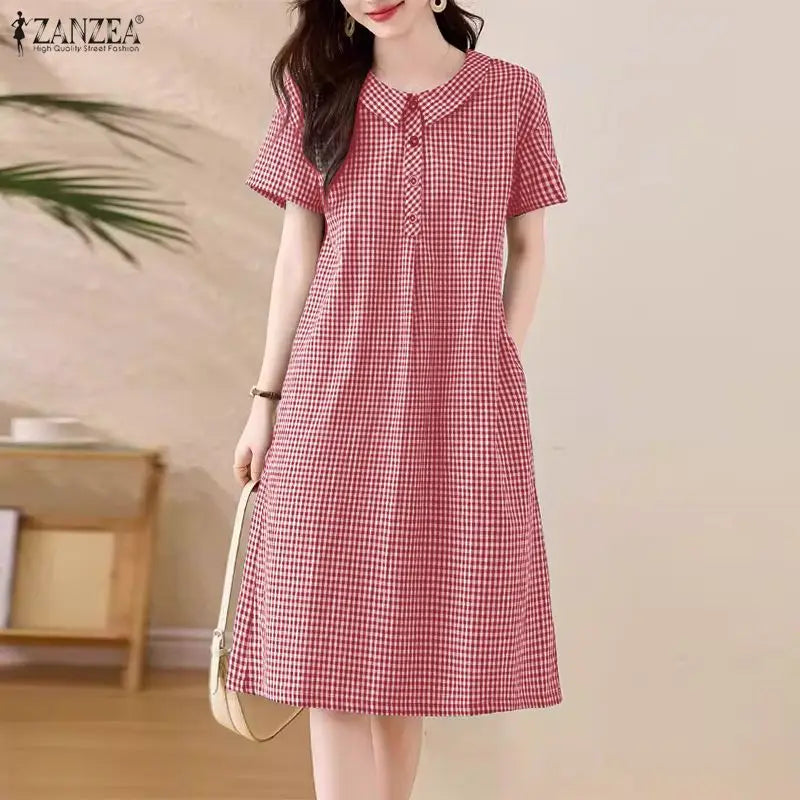 ZANZEA Women's Casual Gingham Short Dresses Turn-Down Collar Half-Button Short Sleeve Knee-Length Dress Summer Robes Femme