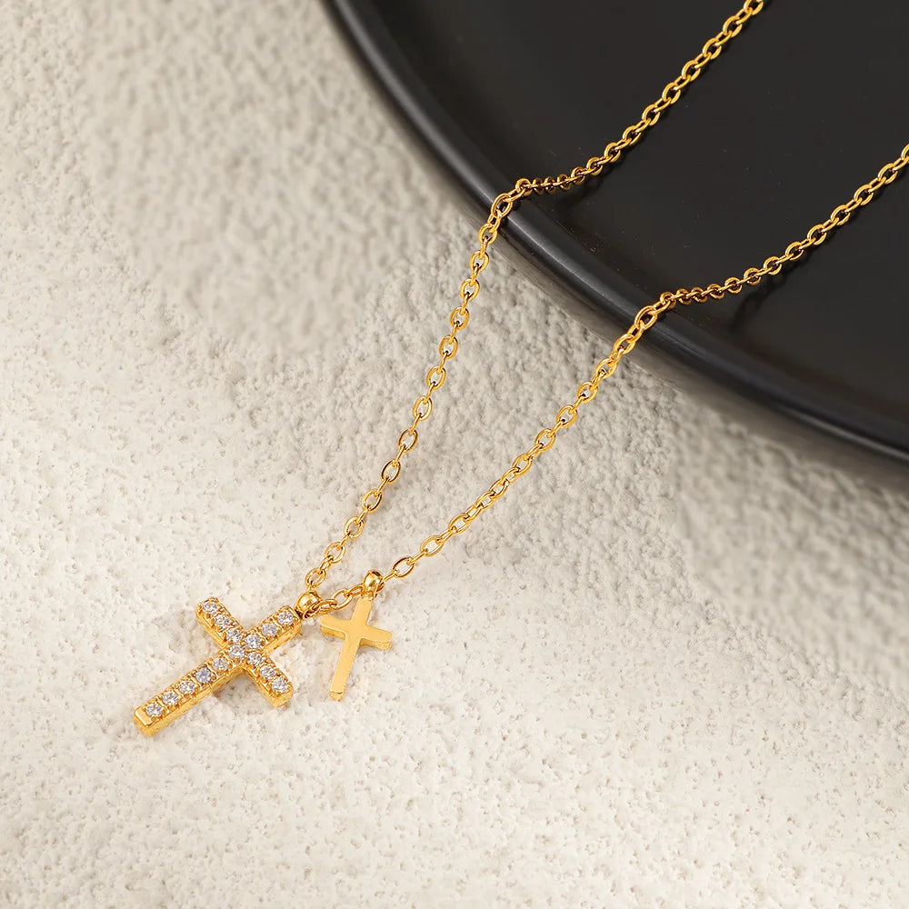 Stainless Steel Pave Cz Double Cross Pendant Chain Necklace For Women'S Girl