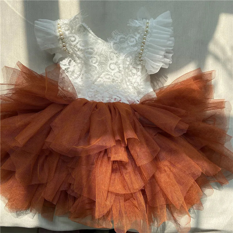 Spanish Toddler Girls Beading Dress for Baby Baptism Dress Birthday Kids Flutter Sleeve Tutu Princess Vestido Clothing