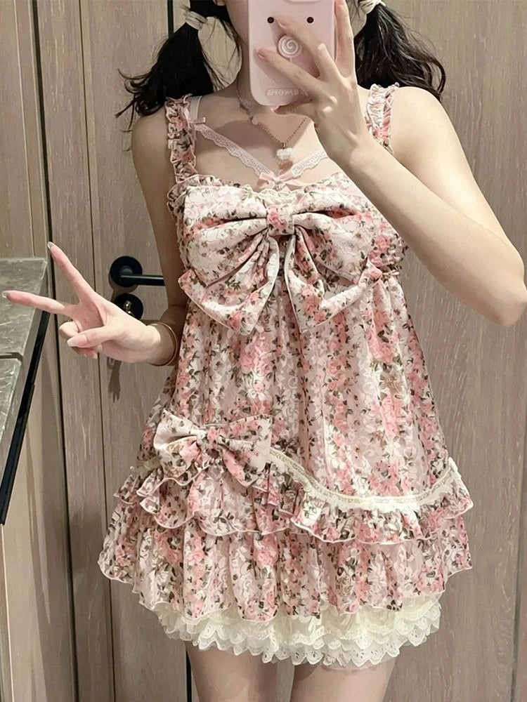 New Summer Vintage Sweet Elegant Women Dress Design Y2k Floral Print Chic Strap Mini Dresses Fashion Lace Korean Popular Clothes