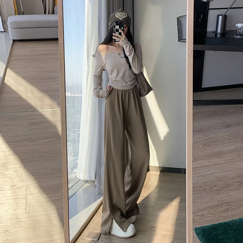 Women's High Waist Wide Leg Knitted Pants - Side Split Casual Long
