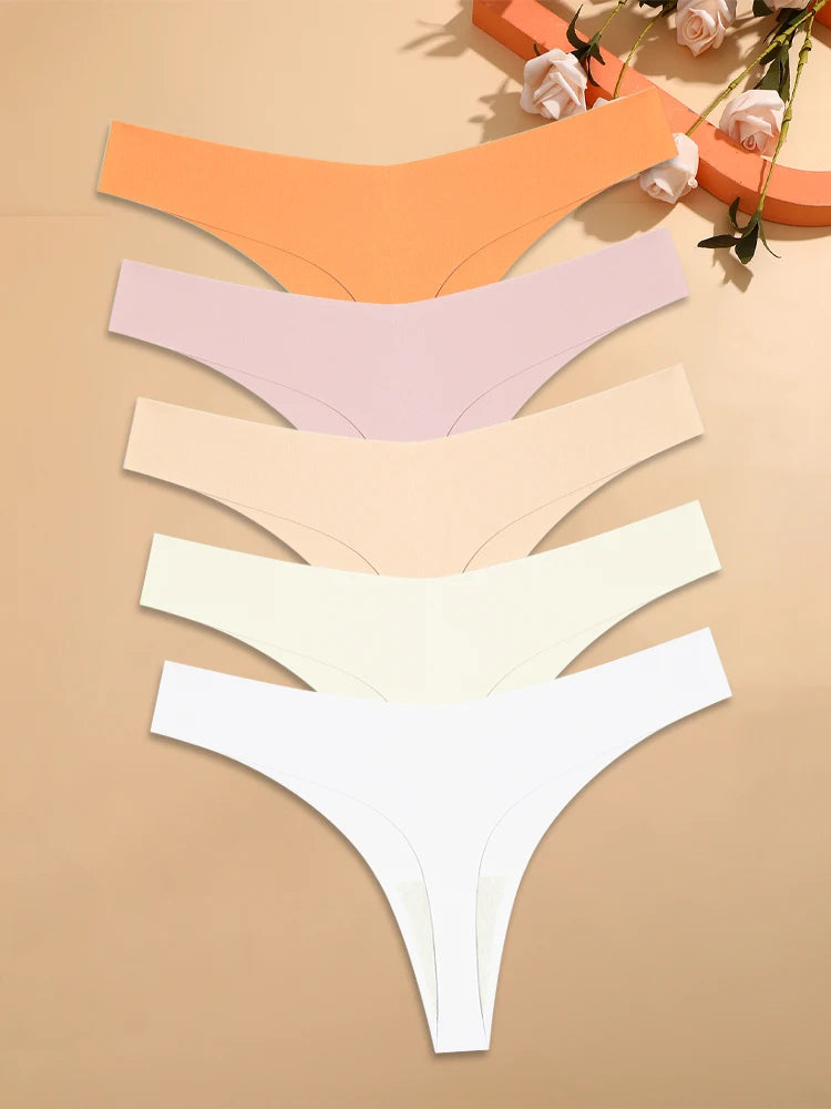 Ice Silk Seamless Thongs For Women Low Rise Breathable Invisible Comfort Panties 5 Pack