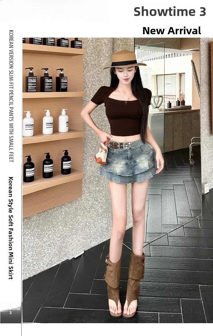 2026 American Pure Desire Spicy Girl Design Elastic Denim Skirt Half-length Pleated Cake Skirt Short Commute High Elasticity