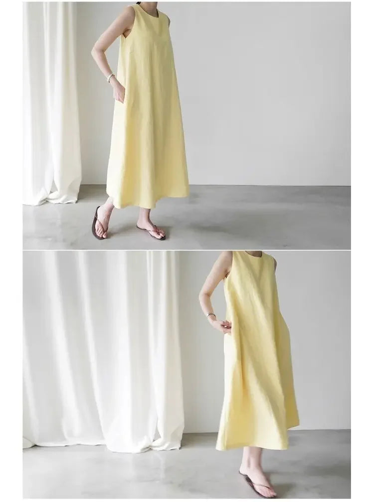 Korean Fashion Women Dress Casual Round Neck Loose Solid Color Casual Big Swing Sleeveless Long Linen Lazy Style Vestidos