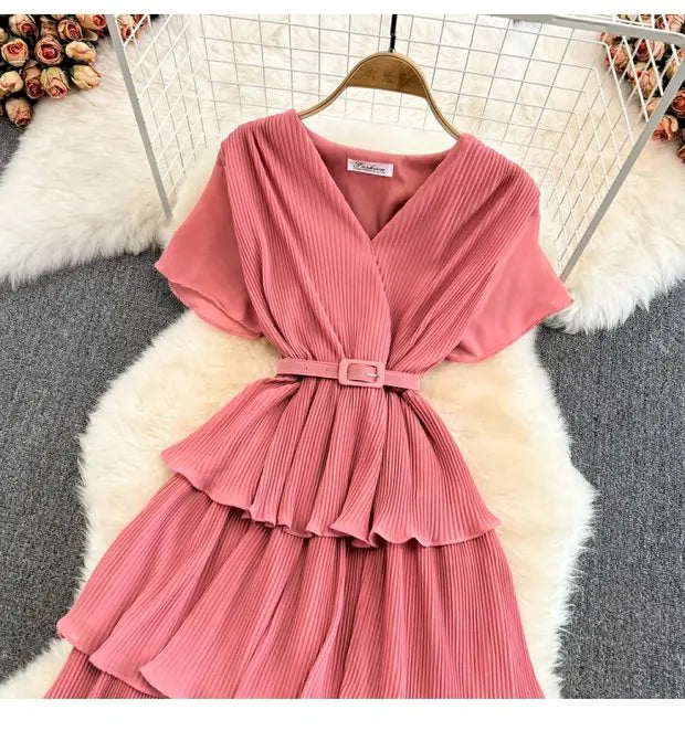 Beach Vaion Vintage Women's V-ne High-waist Cake Dr Ele Aosphere Maxi Skirt Loose Fit ort Sve Ci Commute