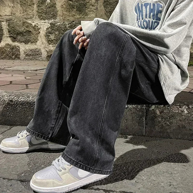 2026 New Streetwear Loose Jeans Men Korean Style Fashion Loose Straight Wide Leg Pants Men's Brand Clothing Black Light Blue