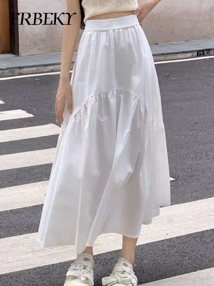 Elegant Women's Skirt Autumn New A-line Simple Fashion Solid Color Bustier Korean Pleated Splicing Elastic Waist Long Skirt