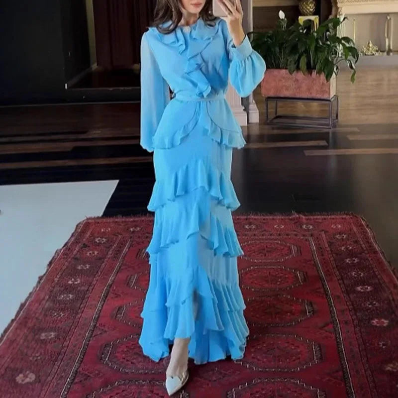 Casual Solid Chiffon Irregular Maxi Dresses Fashion Long Sleeve Women's Autumn Dress Elegant O Neck Layered Ruffle Evening Dress