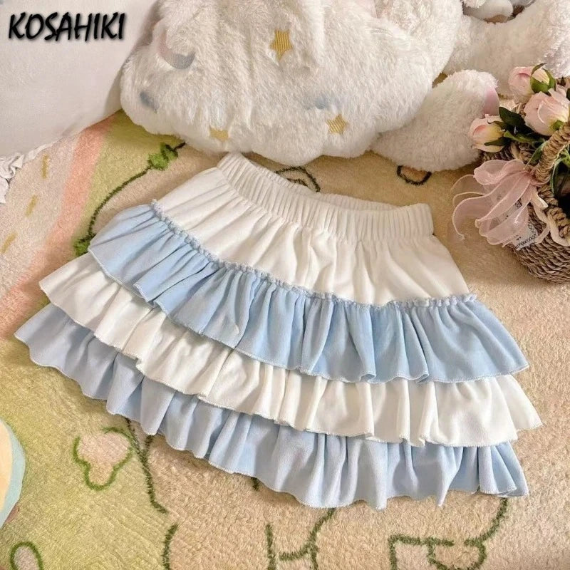 Japanese Contrast Color Patchwork Sweet Women Skirts Y2k Aesthetic A-line Ruffled Mini Skirt Harajuku Cute Wing Grunge Faldas