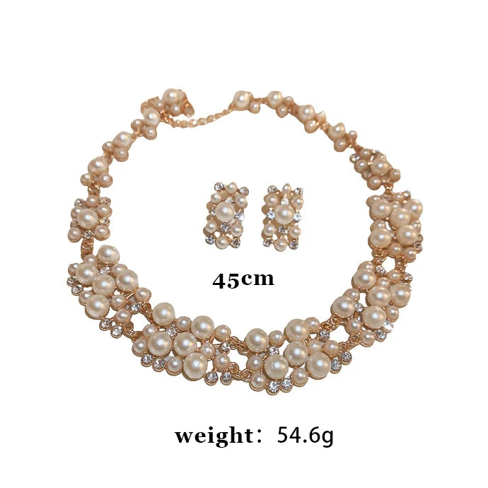 3 Pcs Rhinestone Pearl Rectangular Earrings Necklace Set Two-Piece Vintage Choker Accessory Light Luxury Jewelry Sets Wedding