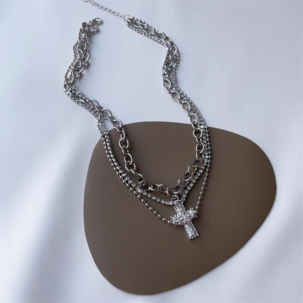 Punk Zircon Cross Pendant Necklace for Men Women Spicy Girl Sweet and Cool Style Multi Layered Necklace Gothic Jewelry Gifts