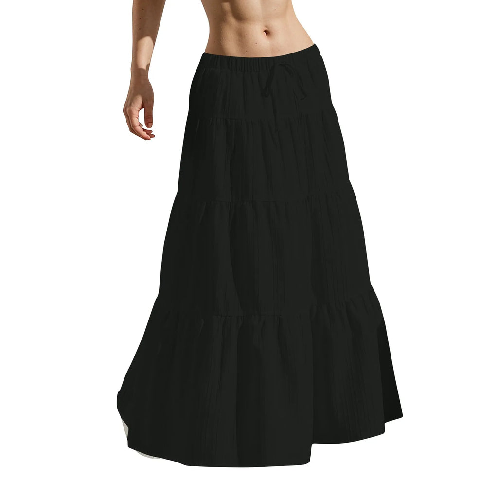 Women's Flared Ruffle Hem Maxi Skirt Fashion Women Solid Long Skirts Elastic Waist Elegant Long Skirt Spring Summer Cake Dress