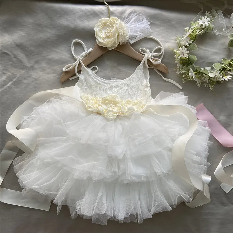 New Born Baby Girls Birthday Dress for Kids Flowers Girls Party Tutus Costume Belt Headband 3pcs Outfit Set Princess Vestidos