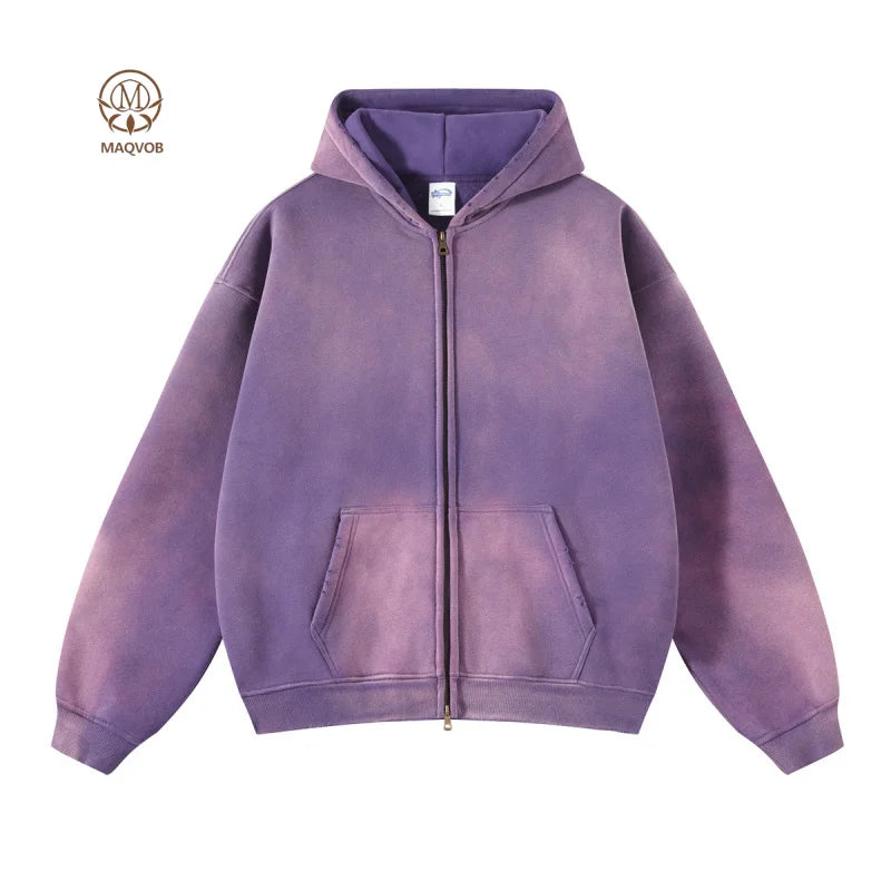 Maqvob European And American High Street Autumn Tie Dye Washed Vintage 360G Fleece Lined Double Zip Puller Sweatshirt Hoodie