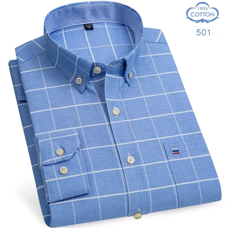 100 Percent Cotton Oxford Shirt For Men Long Sleeve Plaid Pattern Business Office Wear Smart Casual
