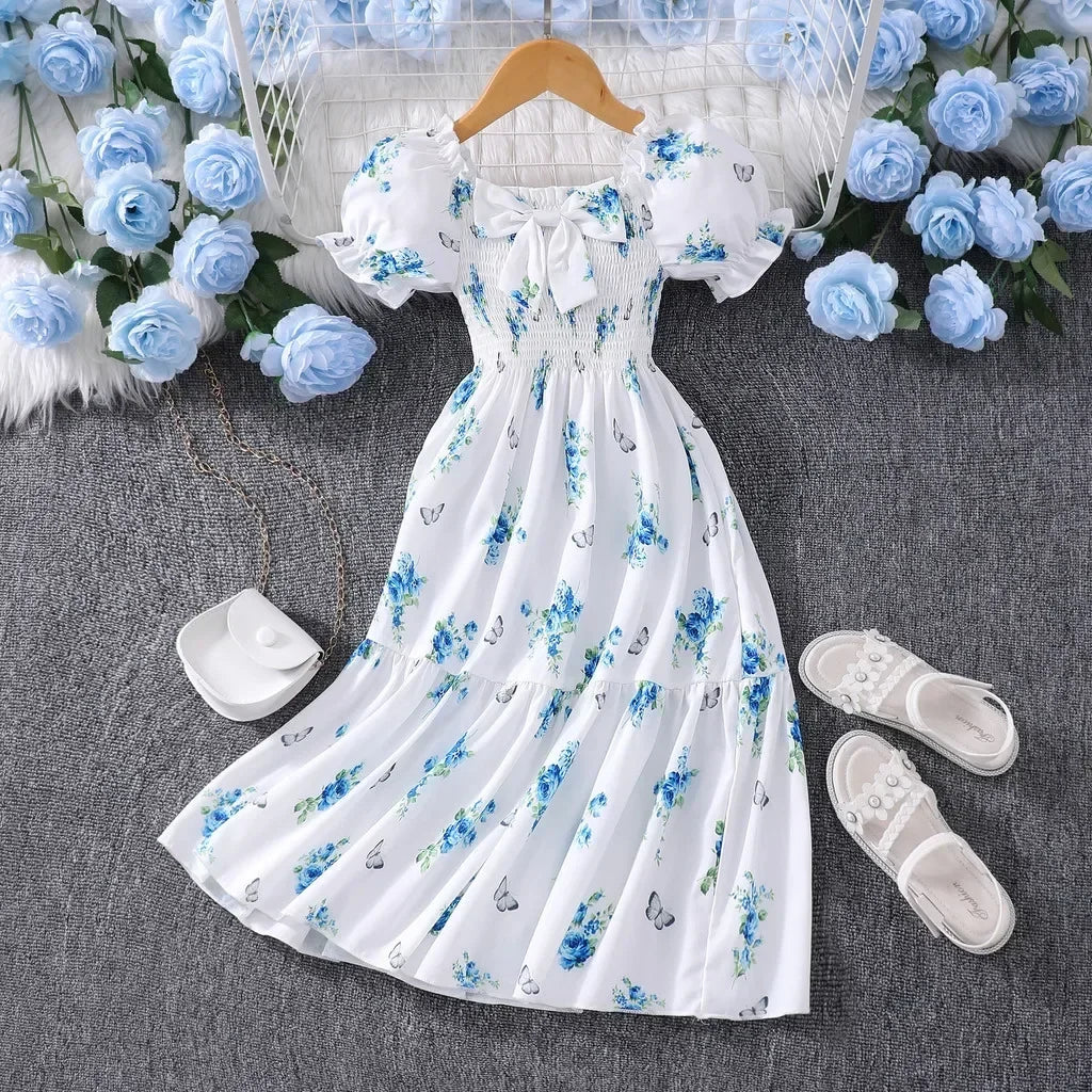 Pink Kids Girl Long Dress Summer Floral Toddler Girls Dresses Cute Sweet Elegant Birthday Party Children Costume 3 4 5 6 7 Yrs