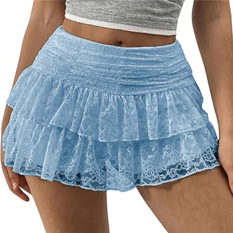Ladies Cute Ruffle Bloomer Skirt Summer Floral Lace High Rise Tiered Flowy Mini A Line Skirt