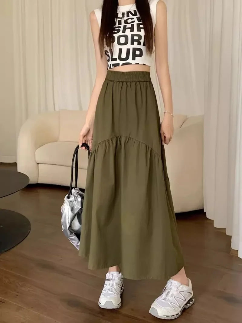 Elegant Women's Skirt Autumn New A-line Simple Fashion Solid Color Bustier Korean Pleated Splicing Elastic Waist Long Skirt