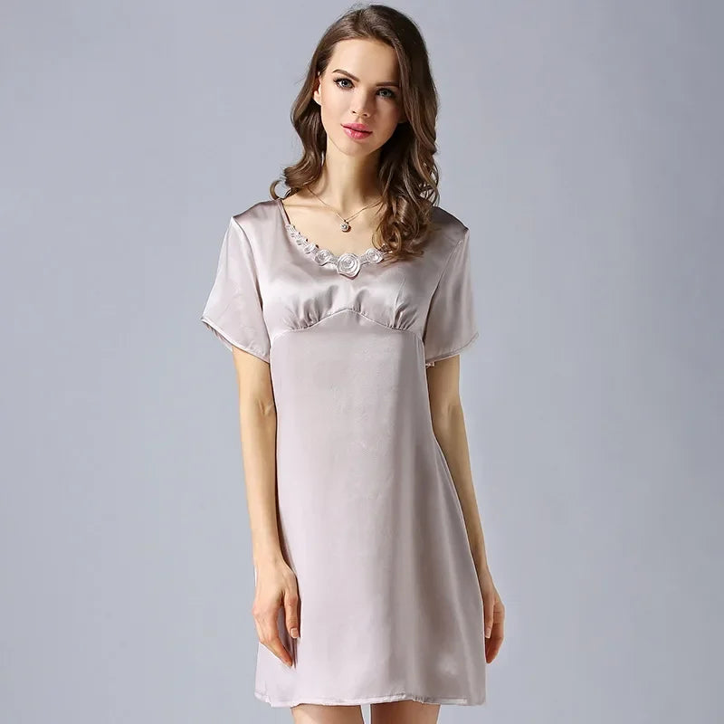 AYUNSUE Women's 100% Natural Mulberry Silk Nightdress - Short Sleeve