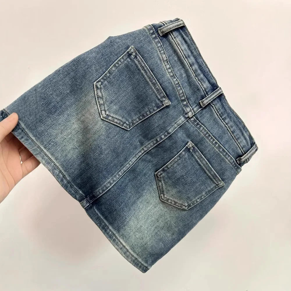 Plus Size Retro Denim Mini Skirt Summer New American Style Hot Girl High Waist Anti-Light Slim A- Line Wrap around Short Skirt