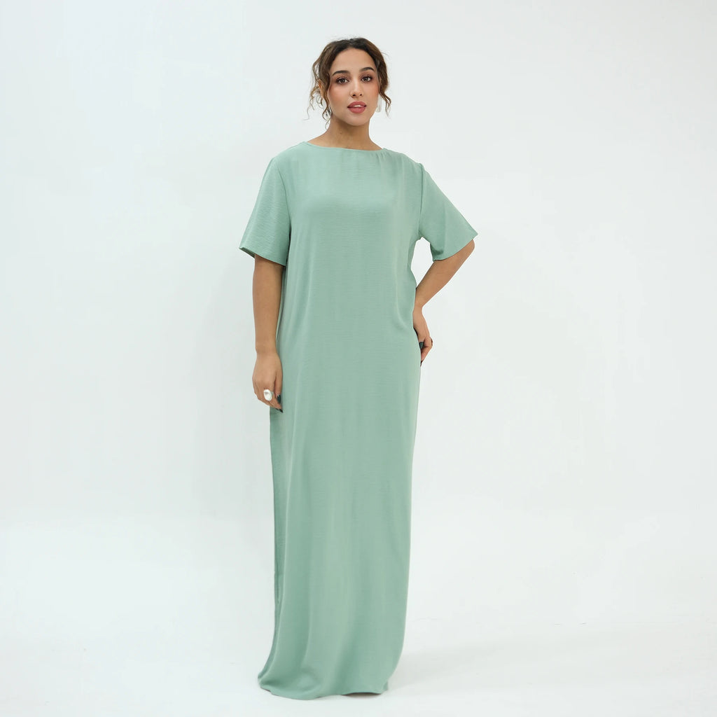 Modest Short Sleeve Women Inner Dress Basic Abaya Muslim Eid Ramadan Round Neck Maxi Loose Casual Long Versatile Fashion Kimono