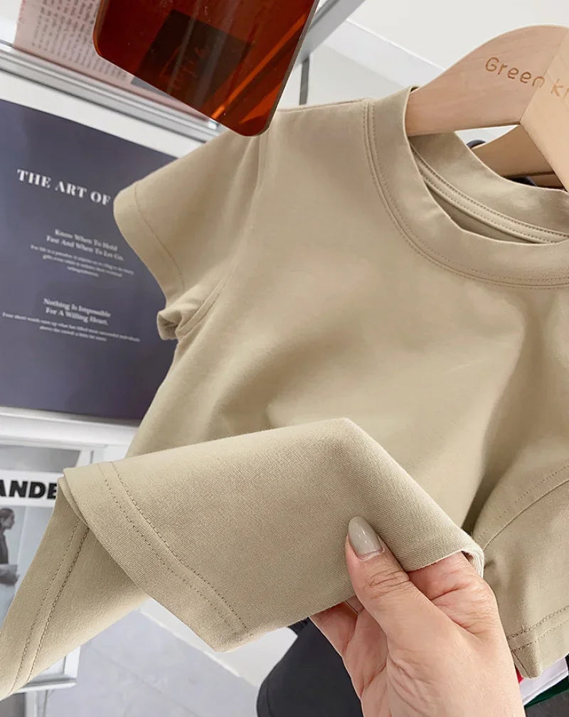Kids Solid Color Cotton T-Shirt 2026 Spring Summer New Boys Girls Round Neck Short Sleeve Basic Tops Children Casual Tees