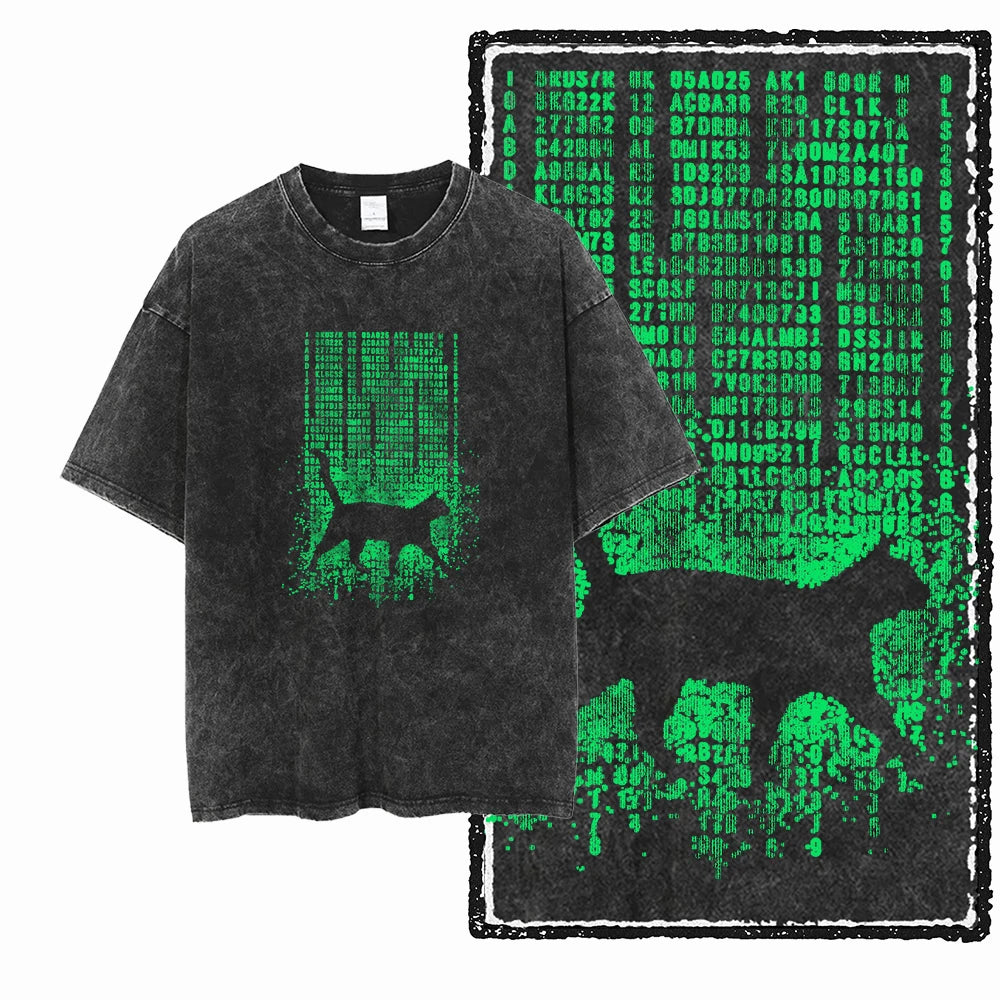 Coolmind Db Cat Printed Acid Washed Cotton T Shirt Unisex Exclusive Graphic Streetwear Tee For Men Big Size