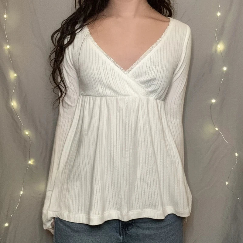 Women Fairy Y2k Cottage T-shirt Coquette V Neck Long Sleeve Babydoll Tees Autumn Spring Casual Pullovers Tops Vintage Clothes