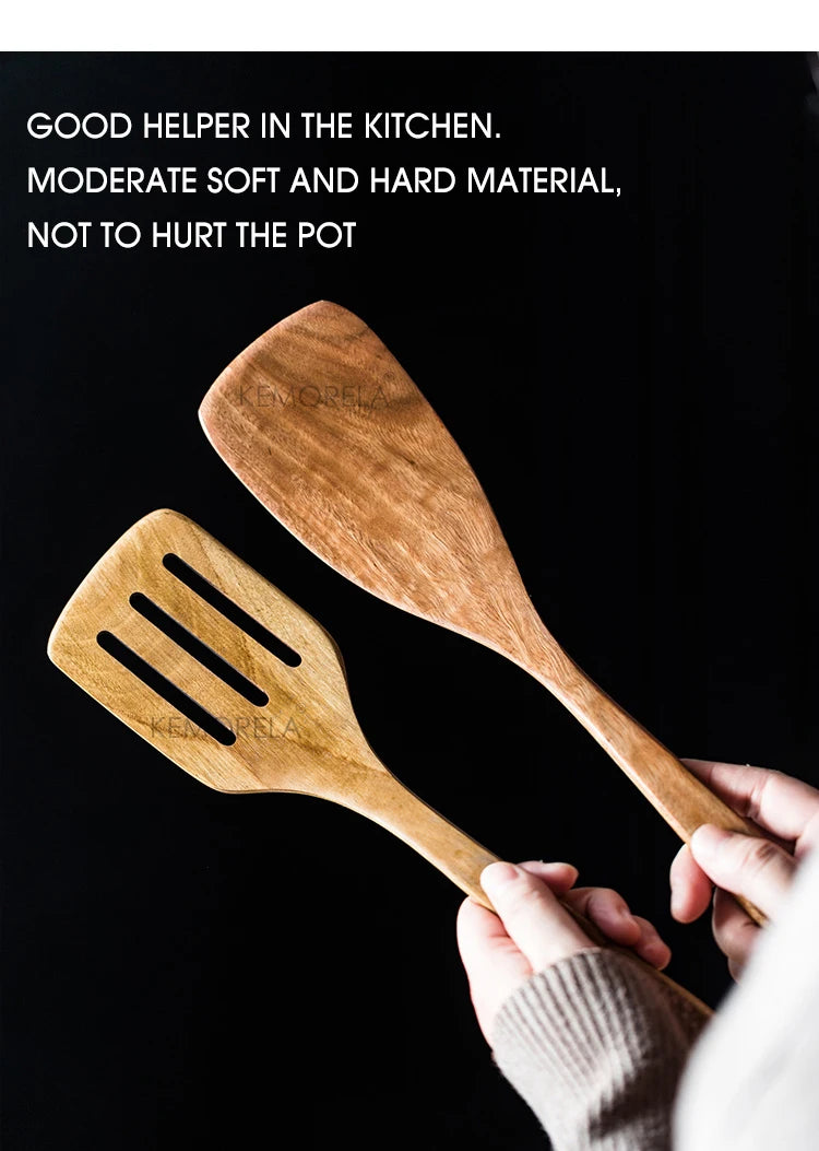 Cucharas de madera para cocinar de 9 piezas, utensilios de madera para cocinar con soporte para utensilios, juego de utensilios de cocina de madera de teca