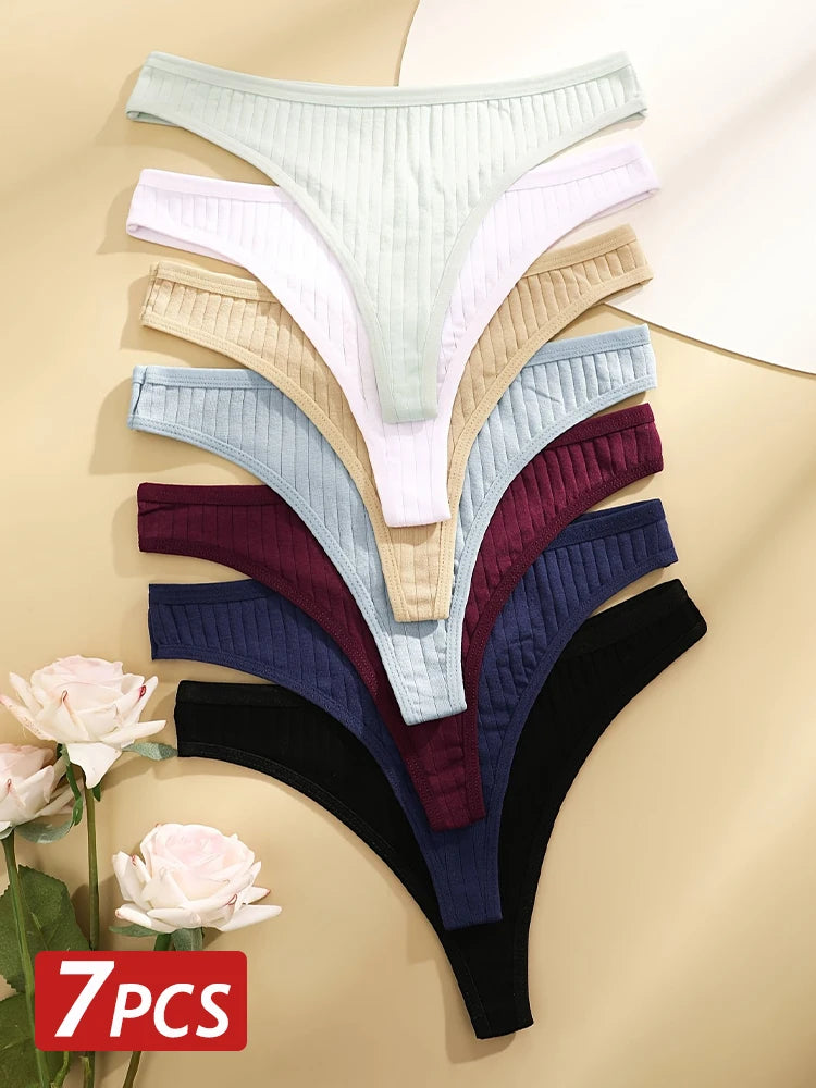 Cotton G String Panties For Women 7 Pack Soft Ribbed Low Waist Thongs Solid Color Lingerie Set