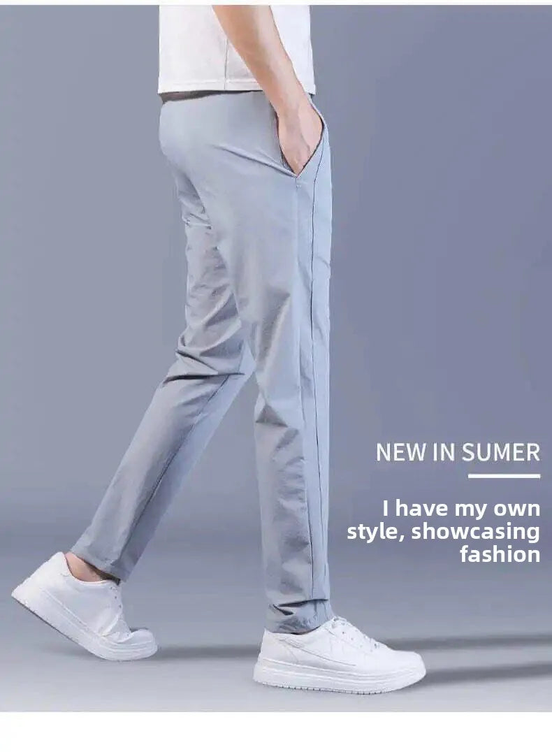 Summer Casual Ice Silk Pants Men's Trendy Large Size Long Trousers Korean Style Thin Straight Loose Sports Pants Quick Dry