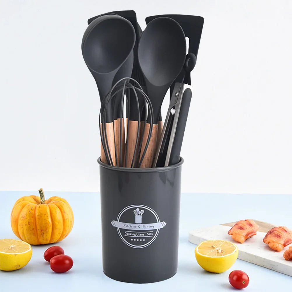 12Pcs Kitchen Utensil Set Silicone Spatula Set Wooden Handle Cooking Tools Kit with Holder Heat-Resistant Cookware for Kitchen