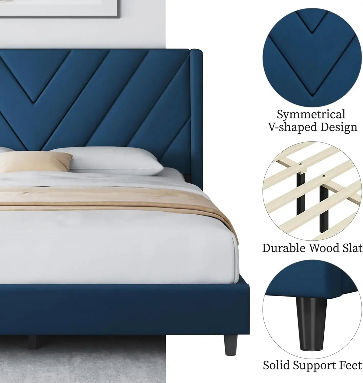 Queen Bed Frame Upholstered Platform Bed with Wing Side/Wooden Slat Support/Tufted Headboard with Wing Side/Mattress Foundation