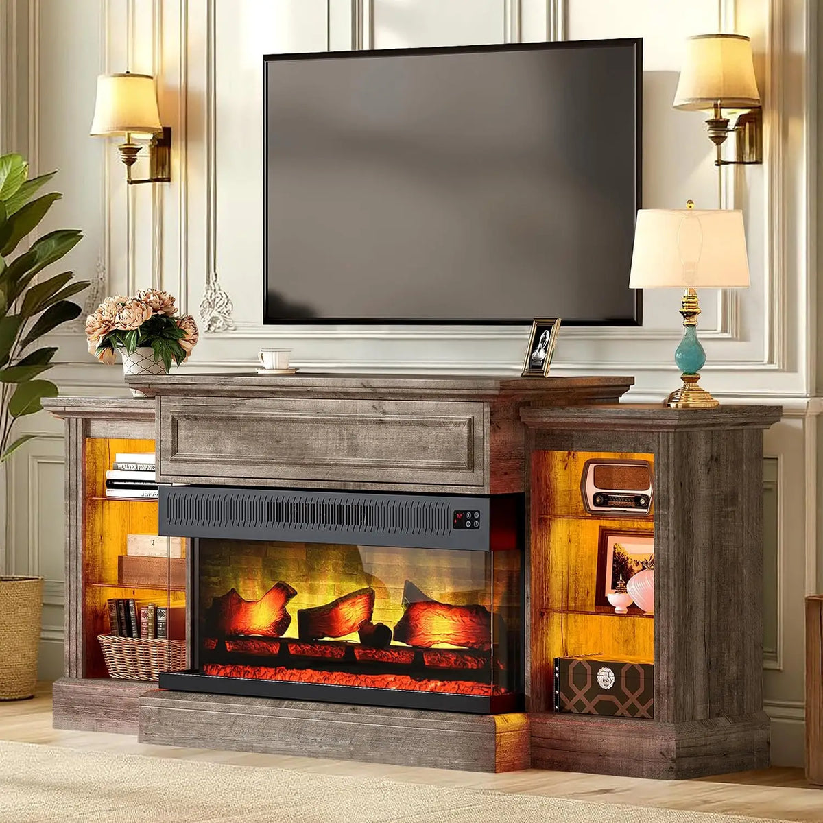 Farmhouse 60" Fireplace TV Stand with 28" Electric Fireplace | 3-Sided Electric Fireplace, Media Entertainment, Customized