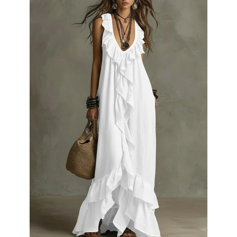 Boho Ruffled Maxi Dress Deep V Sleeveless Cascading Ruffle Loose Flowy Floor Length Beach Vacation Casual Long Dresses Cover Up