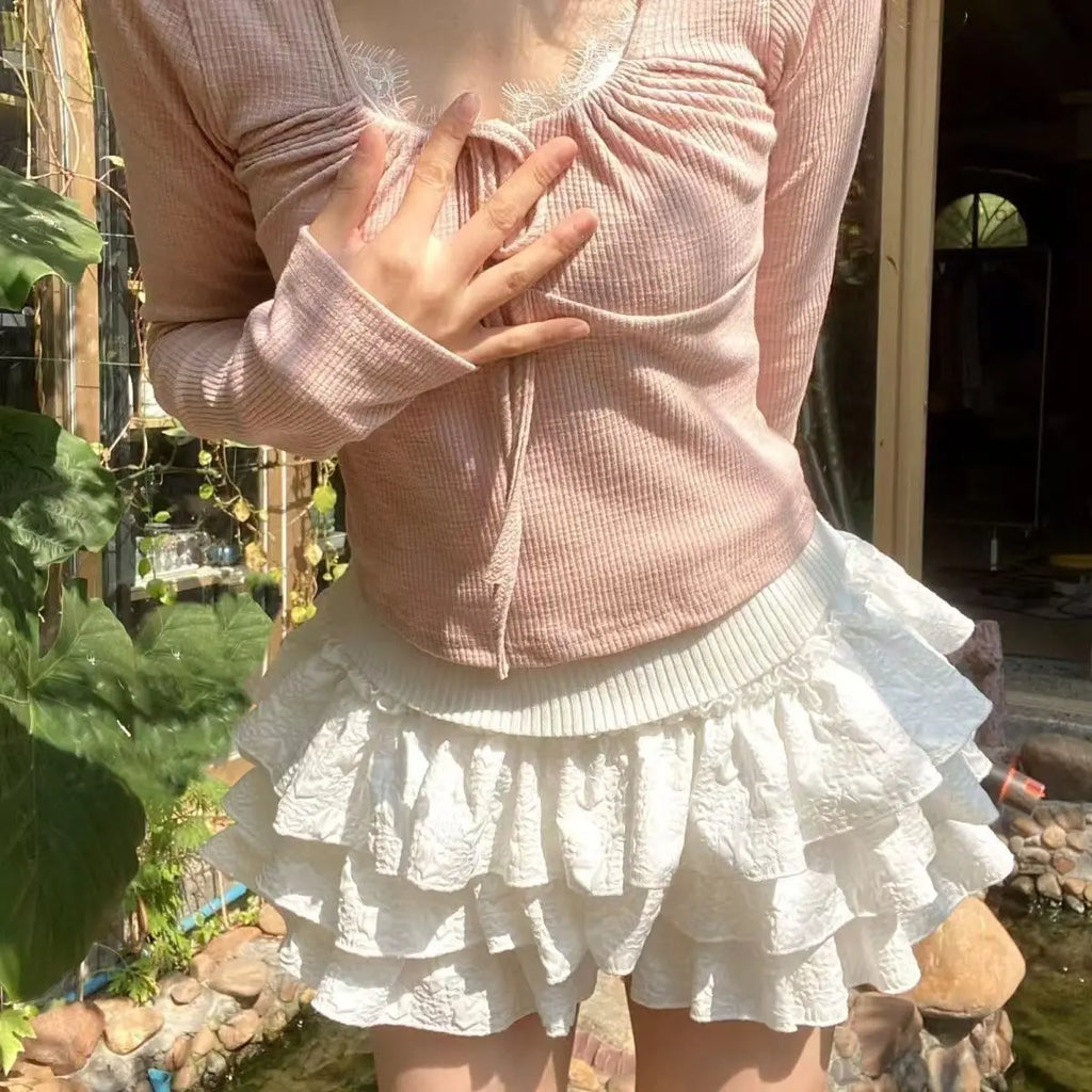 Japanese Y2k Cute Ruffled Plaid Skirt Subculture White Lace Cake Skirts Preppy Casual New Women Princess Puffy Skirts Mini Skirt
