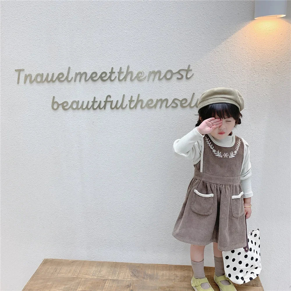 2025 Vinatge Baby Corduroy Sleeveless Dress Little Girls Sundress and Long Sleeve Tops Autumn Winter  Two Piece Set Children