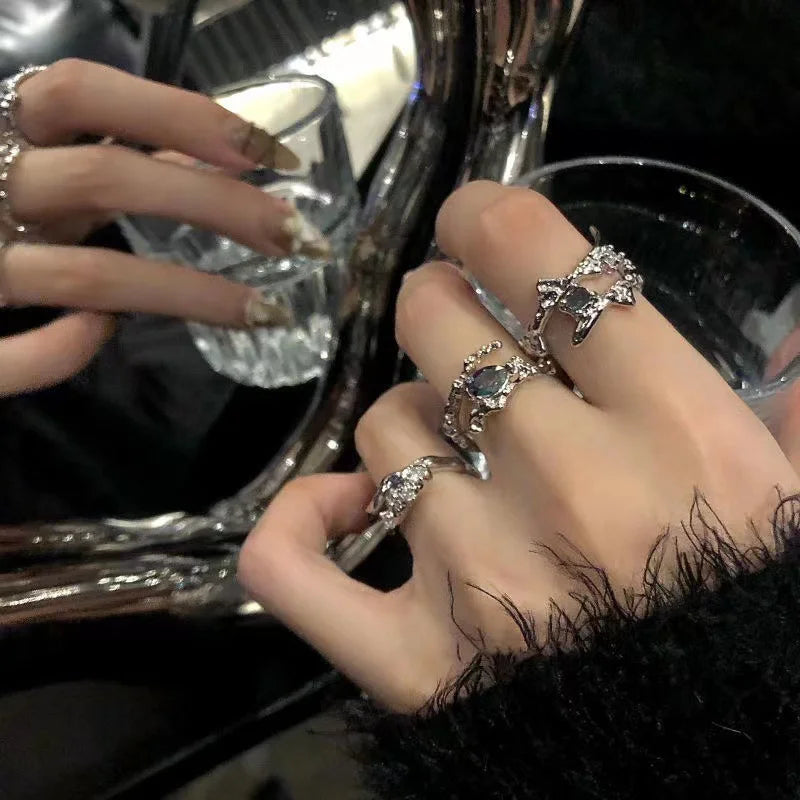 New Y2K Crystal Rings Kpop Heart Adjustable Ring Irregular Geometry Punk Vintage Rings Set for Women Girls 2024 Fashion Jewelry