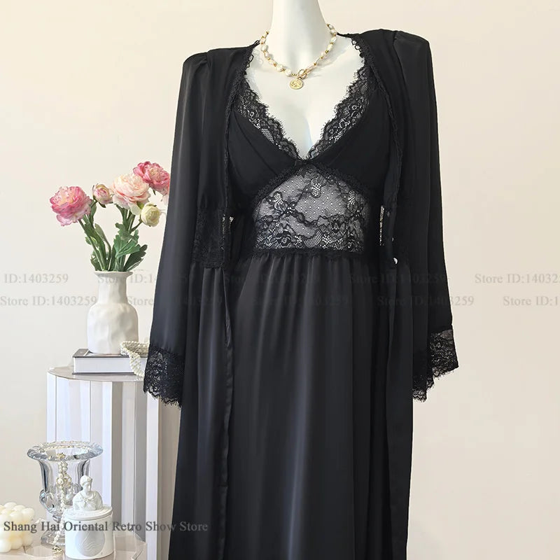 Women's Satin Lace Trim Robe & Nightgown Set – Silky Sleepwear, Sizes M–XL
