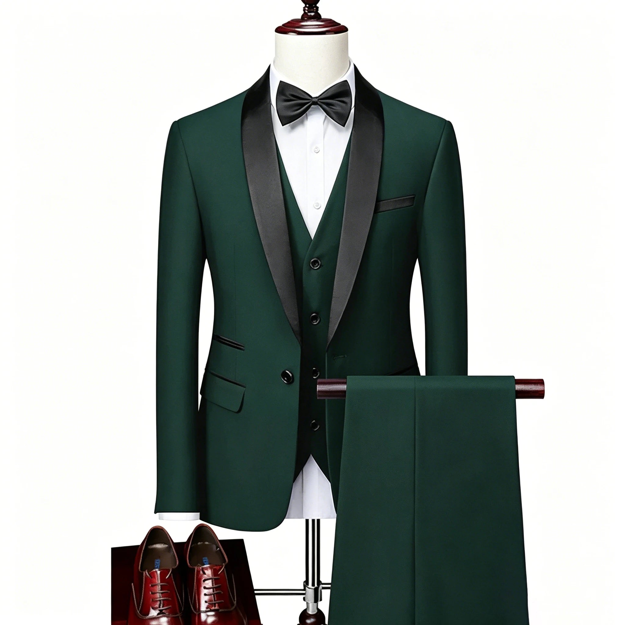 US Size XXS-3XL Men's 3 Piece Tuxedo Suit Set, Black Satin Shawl Lapel Slim Fit Blazer Vest Pants for Wedding Groom Party Prom