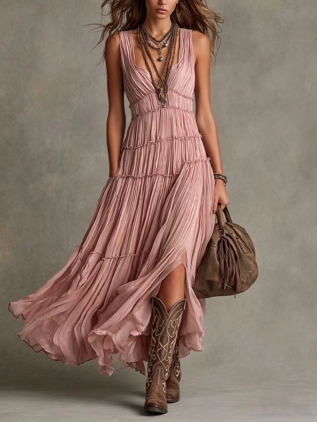 Elegant Summer Dress round Neck Sleeveless Loose Drapey Midi A-Line Skirt Elegant Dress Pleated Skirt Polyester Fabric
