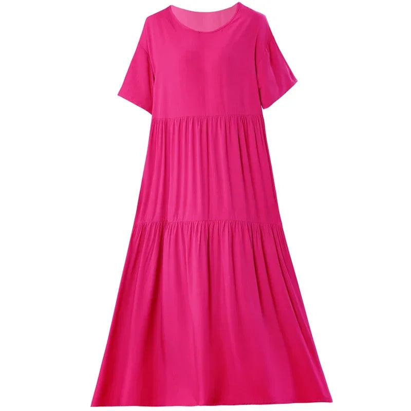Women's Oversized A-Line Midi Dress – Loose Fit Short Sleeve Summer Sundress
